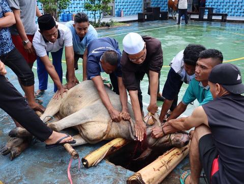 Dibawah Guyuran Hujan, Lapas Tembilahan Kanwil Kemenkumham Riau Gelar Shalat Idul Adha dan Sembelih 7 Ekor Hewan Kurban